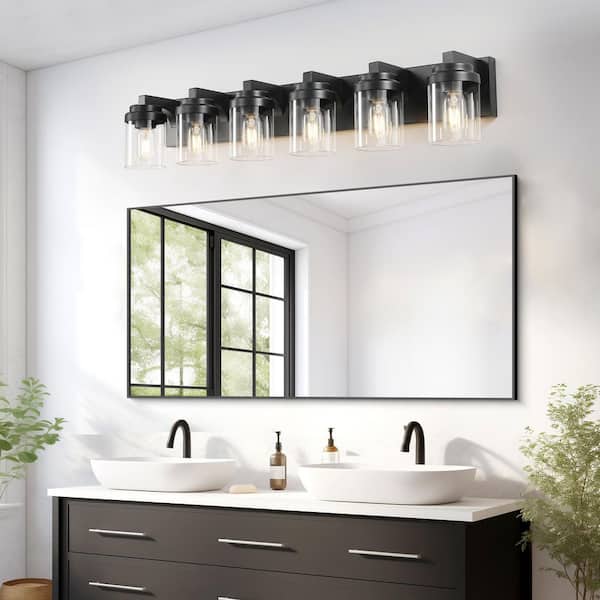 38 in. 6-Light Black Bathroom Vanity Light Fixture with Clear Glass Shades, No Bulbs Included