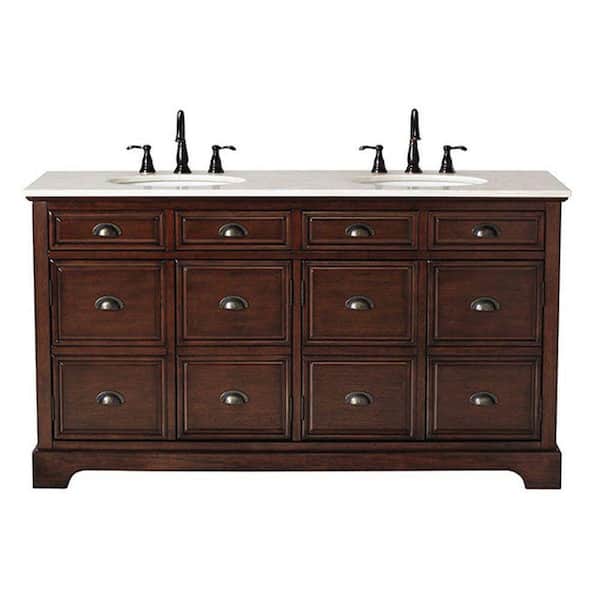 Home Decorators Collection Apothecary 60 in. Double Vanity in Antique Cherry with Marble Vanity Top in Beige