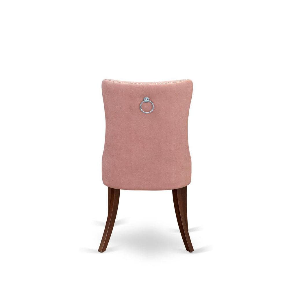 Mahogany Finish Round Pedestal Dining Table with Pink Tufted Chairs