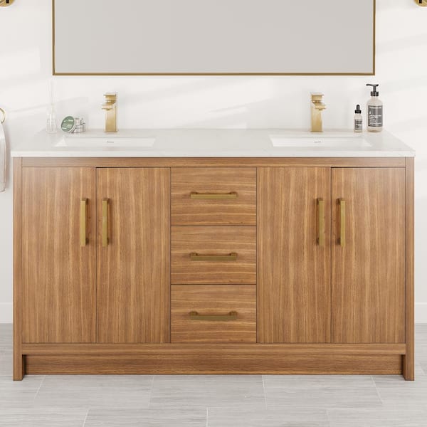 Curio 60 in. Double Sink Walnut Bath Vanity with White Carrara Quartz Top (Assembled)