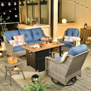 Alps Gray 5-Piece Wicker Patio Rectangular Fire Pit Set with Blue Cushions and Swivel Rocking Chairs