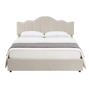 Upholstered Bed Beige Metal Frame Queen Platform Bed with Type-C & USB Charging Stations, Adjustable Headboard
