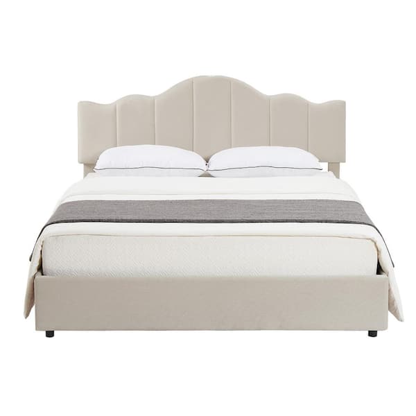 VECELO Upholstered Bed Beige Metal Frame Queen Platform Bed with Type-C & USB Charging Stations, Adjustable Headboard