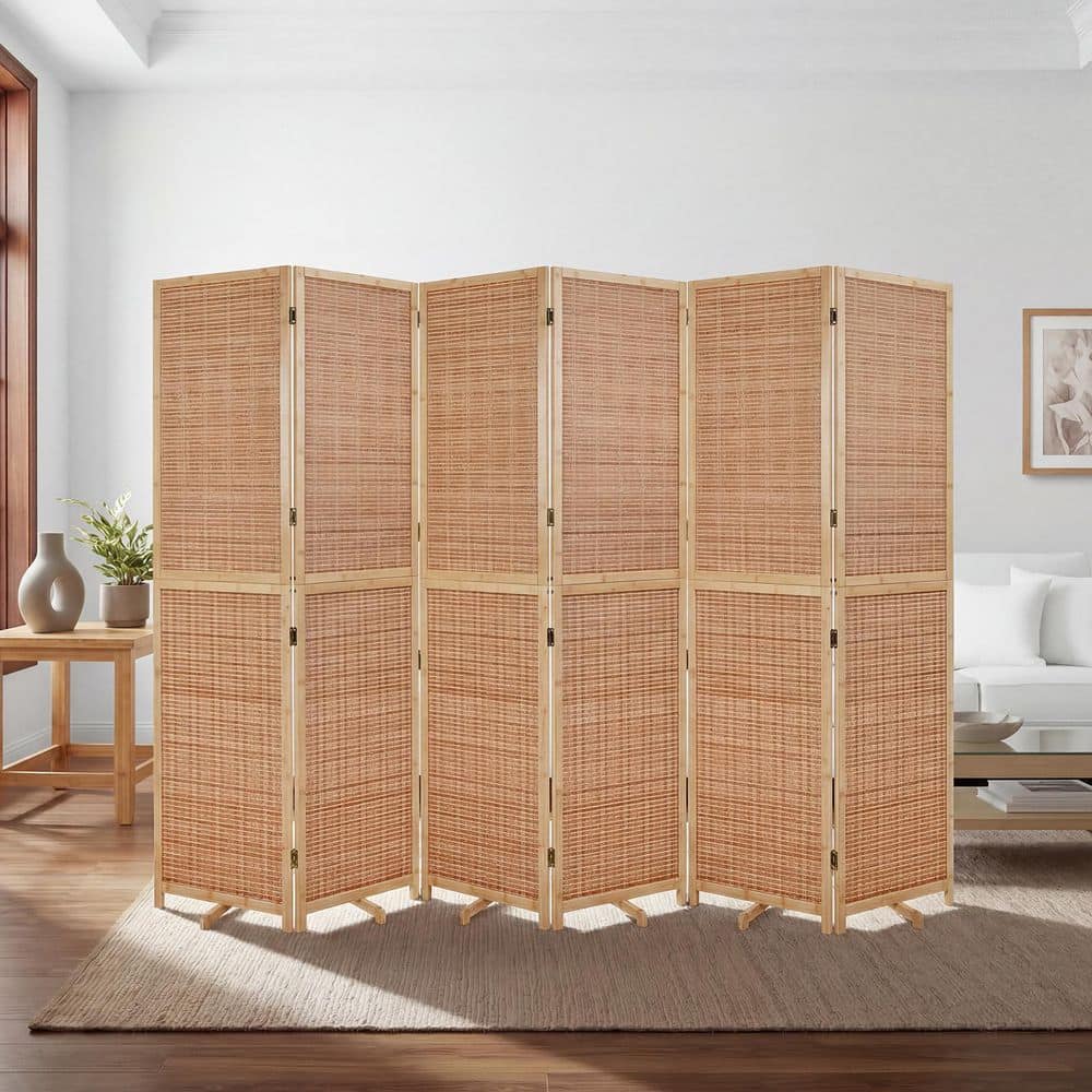 67 in. H x 106 in. W Natural 6-Panel Bamboo Removable Room Divider w/ Swivel Support Legs, Indoor Privacy Screen Panels