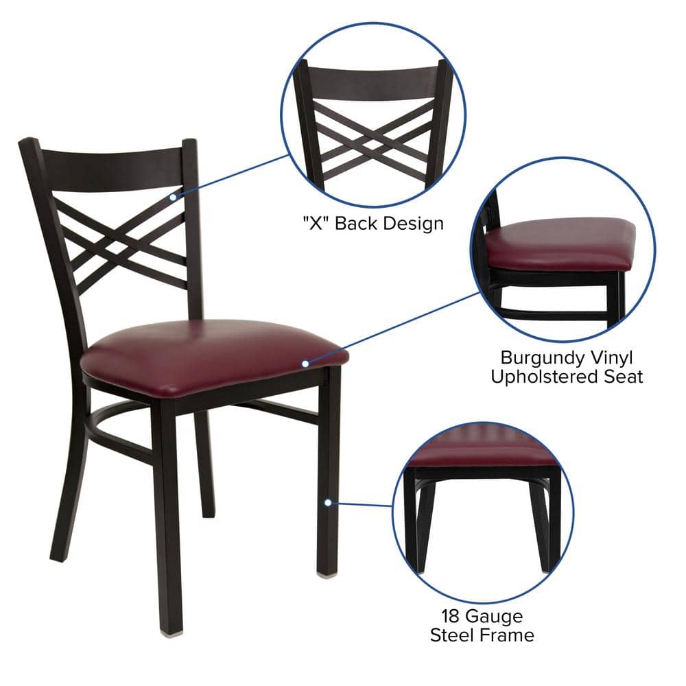 Elegant Burgundy Vinyl and Black Steel Cross Back Side Chair