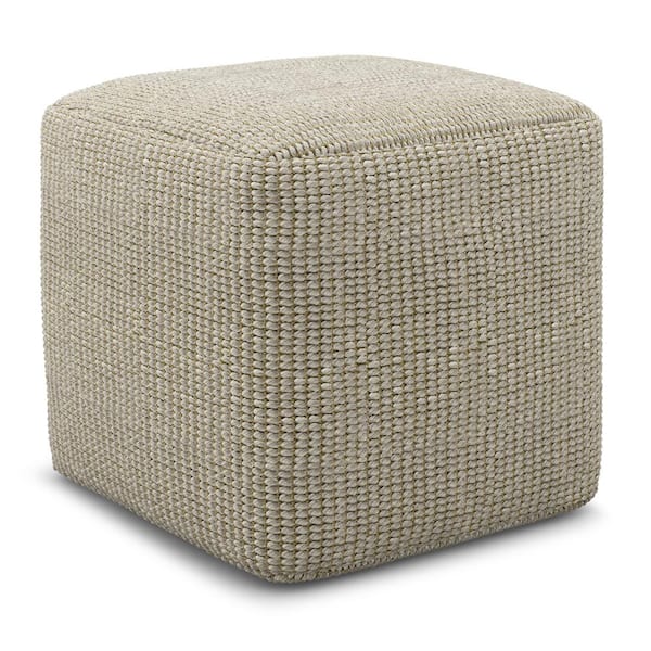 Zelma Boho Square Woven Outdoor/ Indoor Fabric Pouf in Cream and Natural Recycled PET Polyester