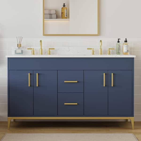 Barrie 61 in. Double Sink Freestanding Blue Bath Vanity with White Engineered Stone Top and Backsplash Assembled