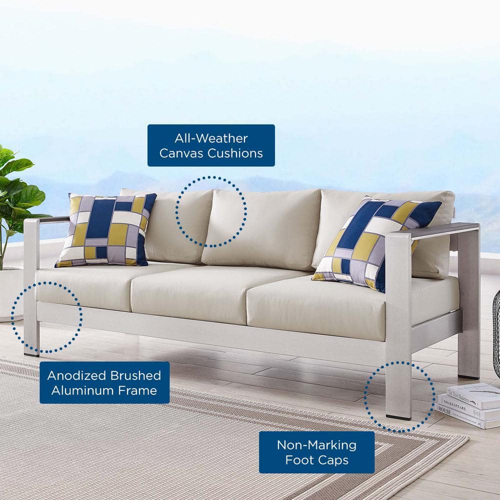 Modern Silver Beige Aluminum Outdoor Patio Sofa with Cushions