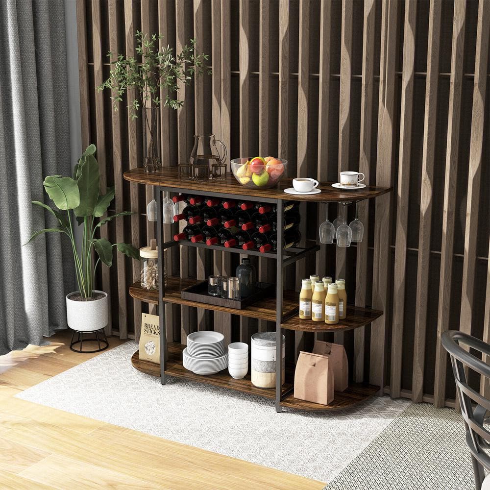 3-Tier Brown Wine Rack Table 18 Bottle Freestanding Wine Rack with Glass Ho