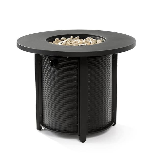 Unbranded Black 32 in. Round Outdoor Steel Propane Fire Pit Table 40,000 BTU Fire Table with Removable Lid and Lava Rocks