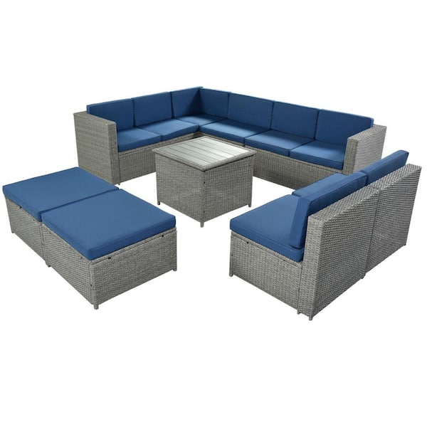 Benjara 9 -Piece Gray and Blue Rattan Wicker Outdoor Patio Sectional Sofa Set with Coffee Table and Cushions