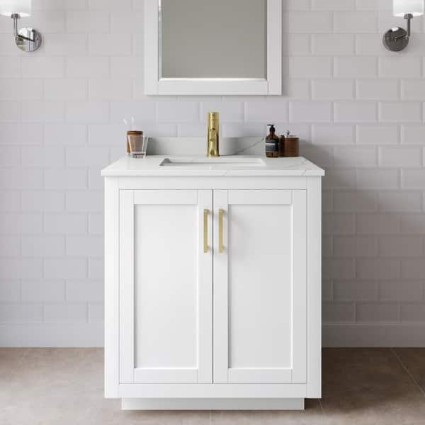 Wyndham Collection Miranda 30 in. W x 22 in. D x 33.75 in. H Single Bath Vanity in White with Giotto Quartz Top and 24 in. Mirror