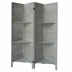 5.5 ft. White Plank 4-Panel Folding Room Divider Privacy Screen with 9 Storage Shelves and Metal Hinges
