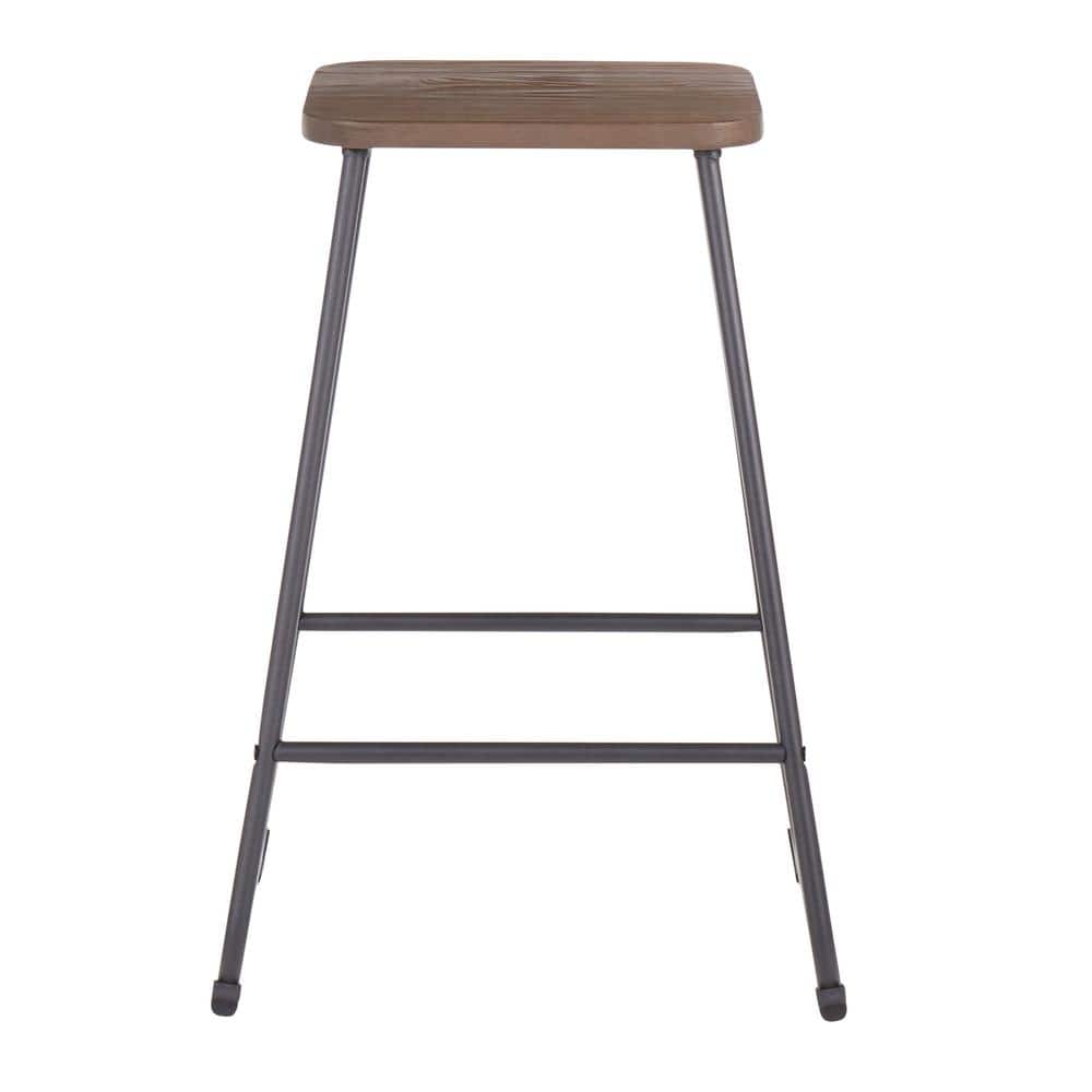 Industrial Black Metal and Espresso Wood Backless Counter Stools, Set of 2