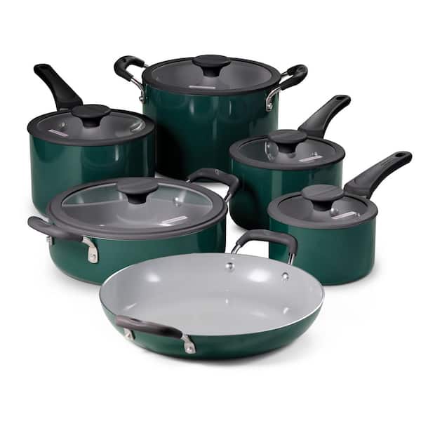 11-Piece Nesting Aluminum Ceramic Nonstick Cookware Set in Mediterranean