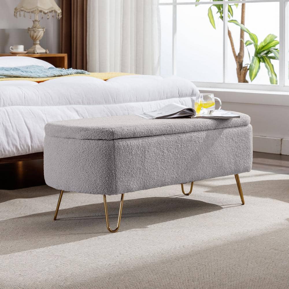 modern 39.37 in. grey polyester upholstered storage ottoman bedroom bench  with gold legs faux fur entryway bench xs-w117082033 - the home depot