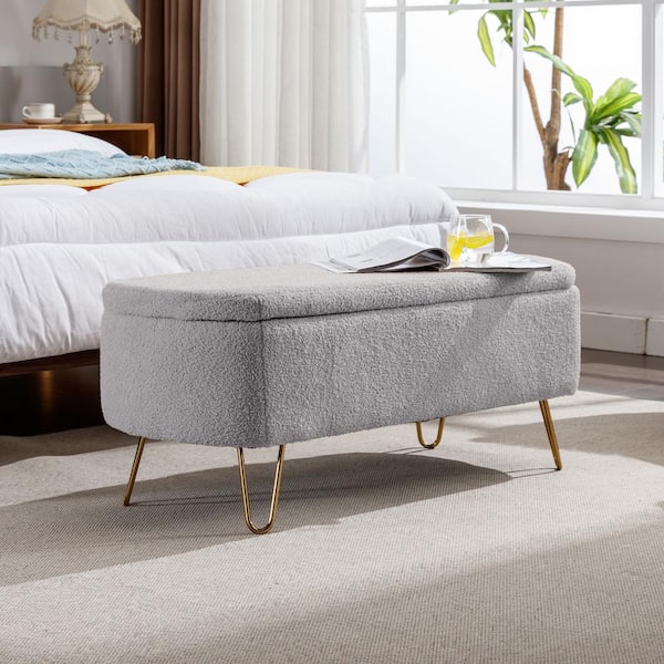 CSC DECOR INC Modern 39.37 in. Grey Polyester Upholstered Storage Ottoman Bedroom Bench with Gold Legs Faux Fur Entryway Bench