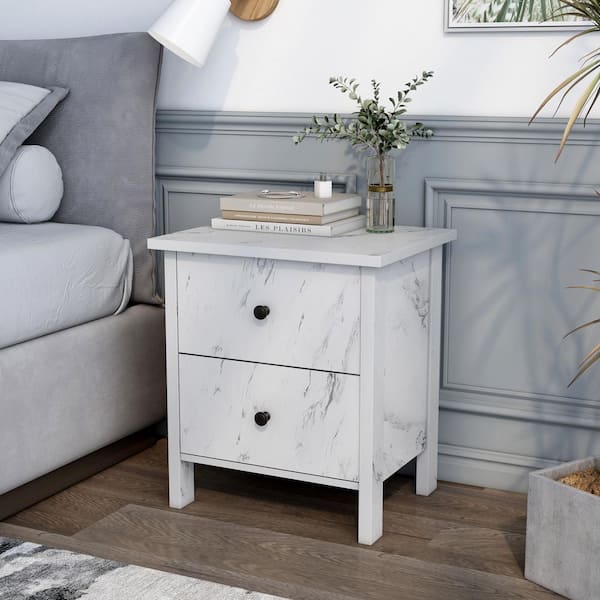 Furniture of America Asta White 2 Drawer Faux Marble Nightstand