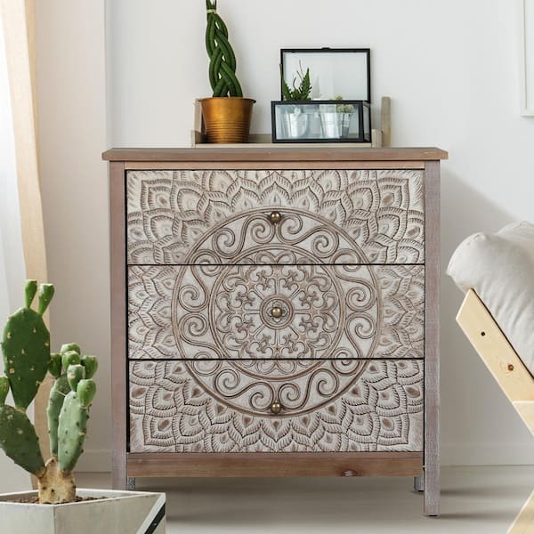 Beige Accent Cabinet with 3 Drawer