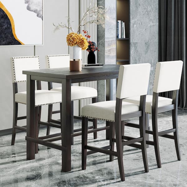 Ivydale 5-Piece Rectangle Espresso Finish MDF Wood Top Counter Height Dining Table Set with Upholstered Chairs, 4 Seats