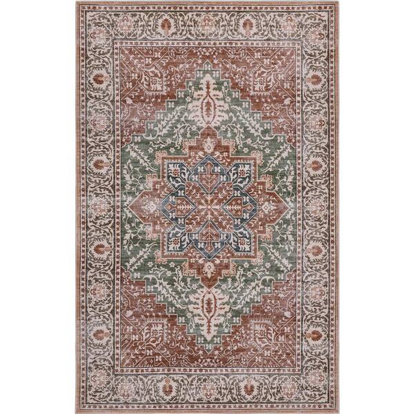 Eleanor Vintage Medallion Border Machine-Washable Green/Brown 9 ft. x 12 ft. Area Rug