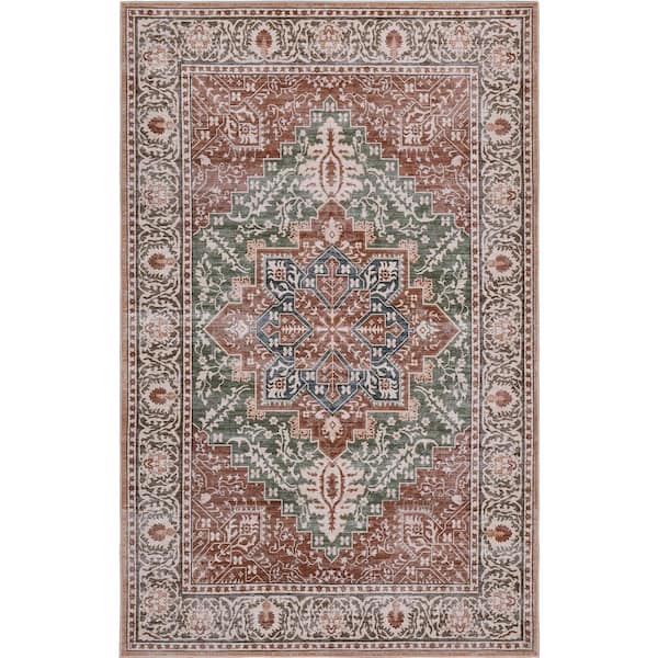 Eleanor Vintage Medallion Border Machine-Washable Green/Brown 9 ft. x 12 ft. Area Rug