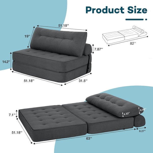 Hommpa 51.18 in. Folding Gray Corduroy Full Size Folding Sofa Bed