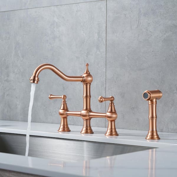 Brass 8 in. Double Handle Bridge Kitchen Faucet with 2-Aerators, Brass Valve, Side Sprayer and Supply Lines in Copper