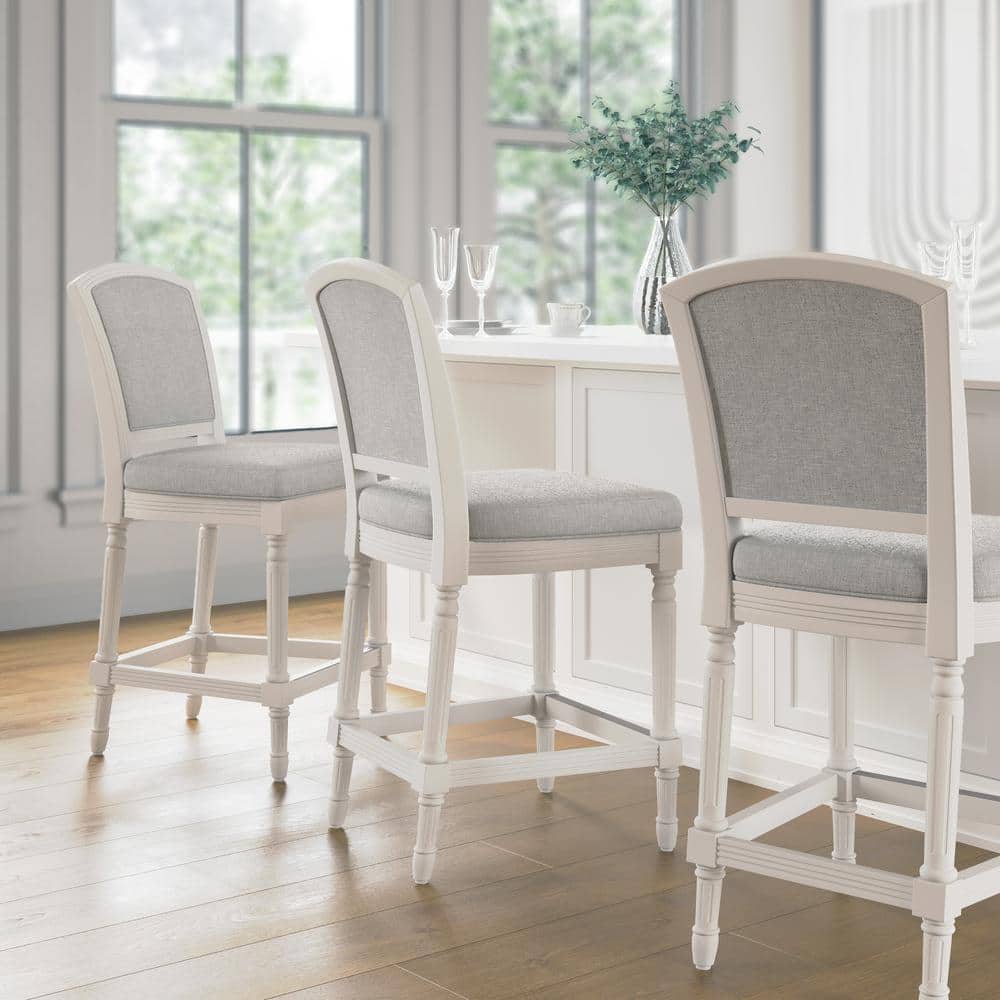 26" White Wood Counter-Height Bar Stool with Gray Upholstered Seat