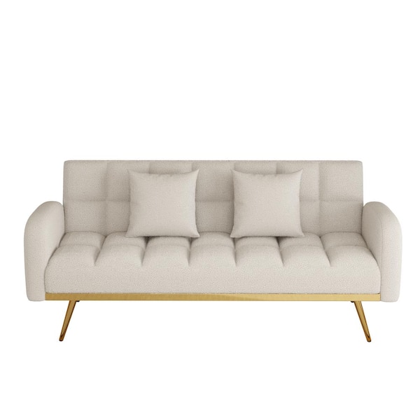 69 in. Beige Teddy Fabric Twin Size Adjustable Sofa Bed with 2 Pillows