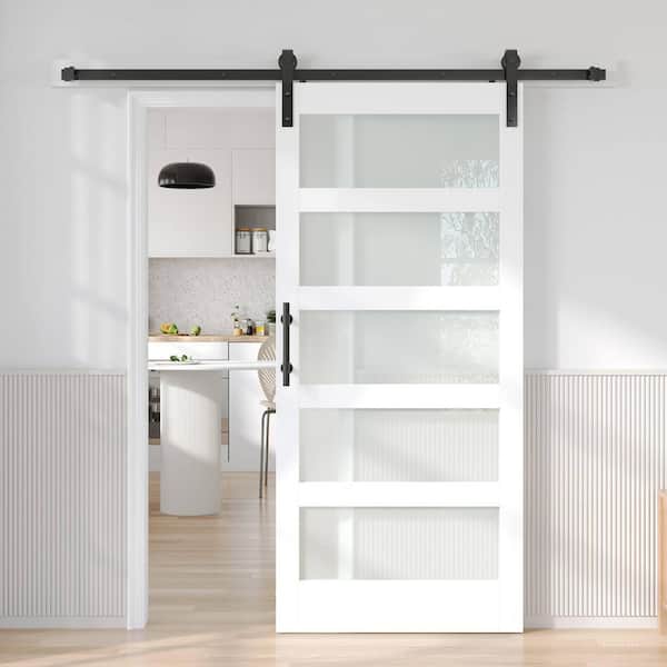 36 in. x 96 in. 5-Lite Frosted Glass White MDF Assembly Required Interior Sliding Barn Door with Hardware Kit