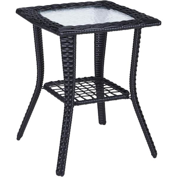 FAWEY TRED INC Outdoor Side Table Black Square with Storage Wicker Patio Side Table, Tempered Glass Top End Table