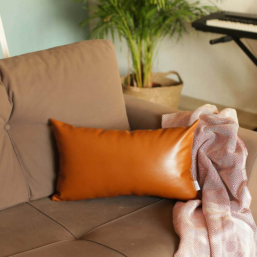Brown Vegan Faux Leather Boho Lumbar Pillow Cover 12" x 20"