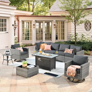 Sanibel Gray 9-Piece Wicker Outdoor Patio Conversation Sofa Sectional Set with a Metal Fire Pit and Black Cushions