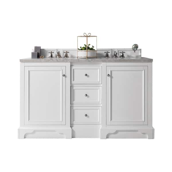 James Martin Vanities De Soto 61.3 in. W x 23.5 in.D x 36.3 in. H Double Bath Vanity in Bright White with Marble Top in Carrara White