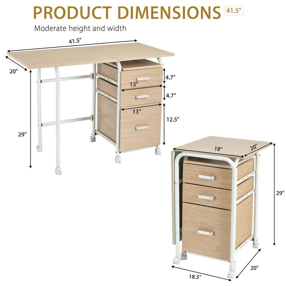 Oak Foldable Computer Desk with Drawers and Wheels
