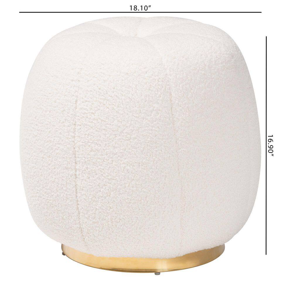 Ivory Boucle Upholstered Round Ottoman with Gold Metal Base