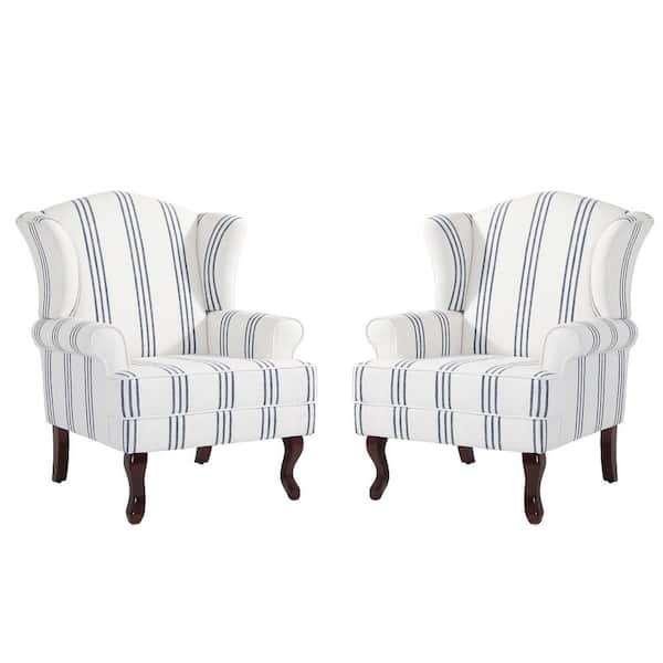 Uixe Stripe Navy Linen Wood Legs Upholstered Accent Arm Chair with