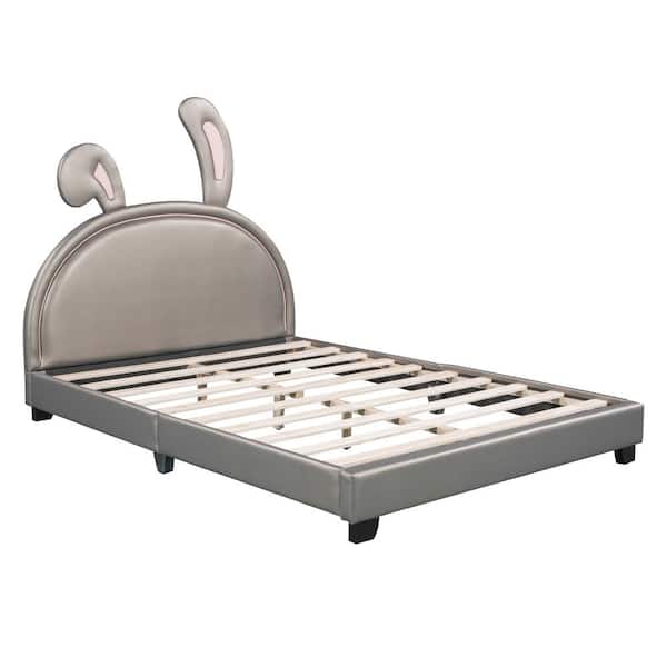 Polibi Wood Frame Full Size Platform Bed with Upholstered Rabbit Ornament Headboard, Gray