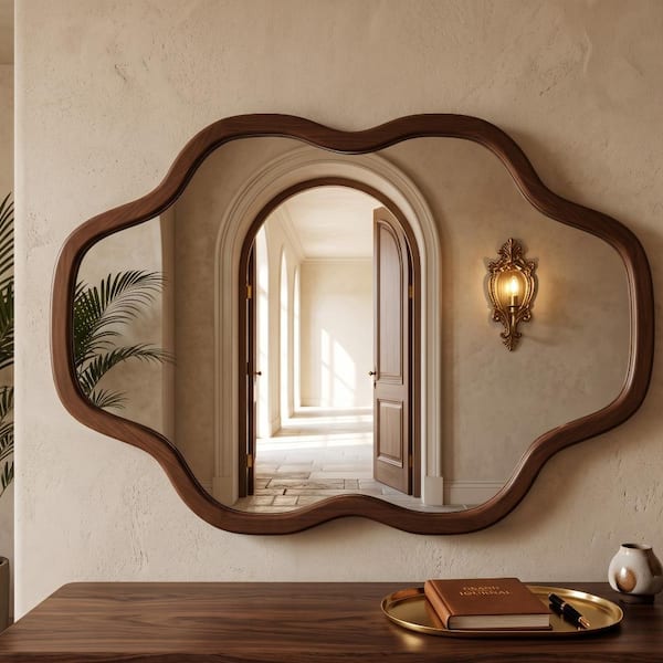 Ami 24 in. W x 36 in. H Irregular Cloud Solid Wood Framed Wall Mirror in Black + Dark Walnut with Beaded Trim