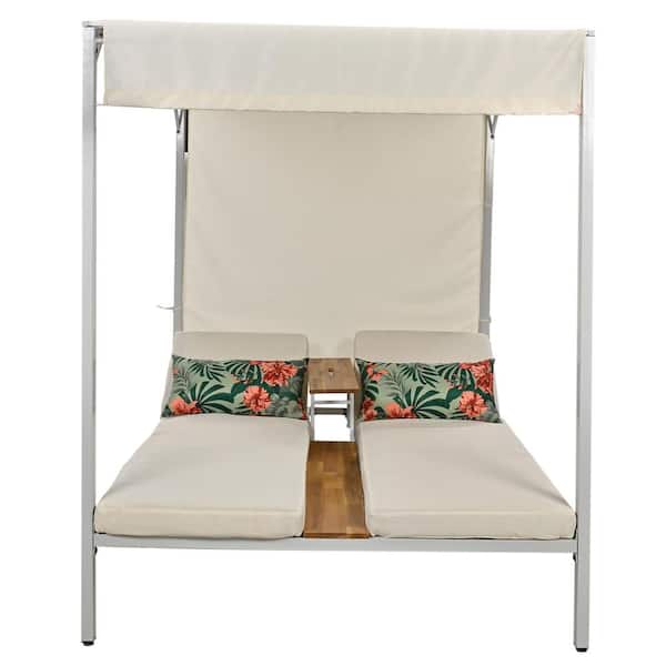Unbranded 2-Person Metal Outdoor Day Bed, Patio Sunbed with Adjustable Seats, Soft Beige Cushions, Throw Pillows and Canopy