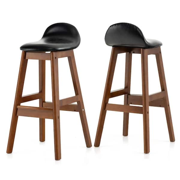 Costway 27.5 in. Black and Brown Upholstered PU Leather Barstools Wooden Dining Chairs (Set of 2)