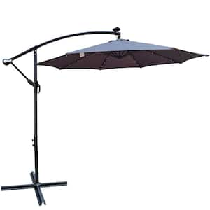 10 ft. Round 8 Ribs Steel Market Solar Tilt Patio Umbrella with LED Lights, Crank and Cross Base in Medium Grey