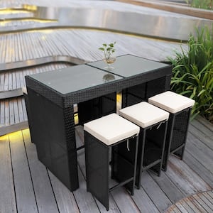 Modern 7-Piece Black Wicker Outdoor Serving Bar Set with 6 Stools, Beige Cushions