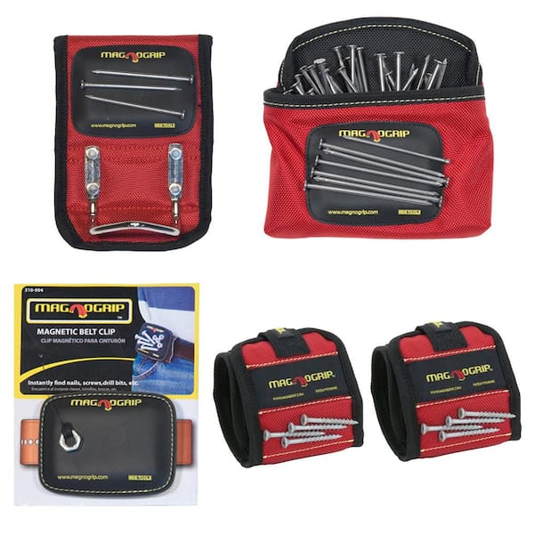 Magnetic Tool Holder Set with 2 Wristbands, 1 Belt Clip, 1 Hammer Holster and 1 Clip-On Pouch (5-Pack)