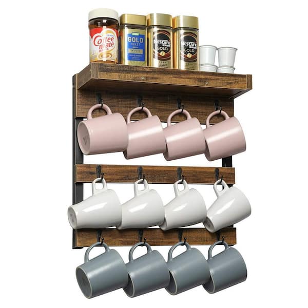 Wudkey Rustic Brown Coffee Mug Hook Wall Mounted, Rustic Wood Cups Rack with 12 Hooks and Storage Shelf, Home Kitchen Display