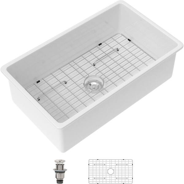 AKDY White Fireclay 32 in. Single Bowl Undermount Kitchen Sink with Basket Strainer and Sink Grid