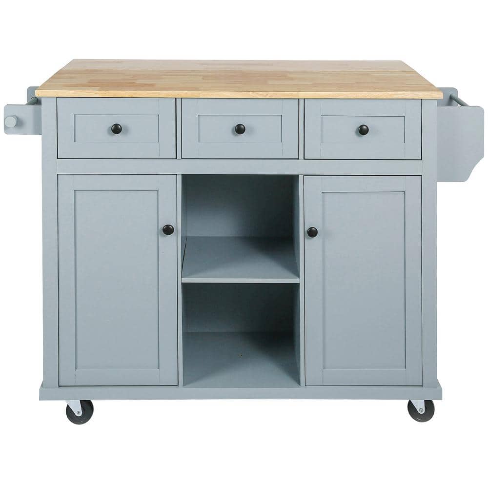 Blue Rubber Wood Kitchen Island with Drop-Leaf Countertop and Storage