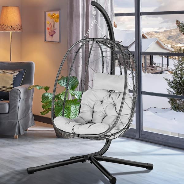 DEXTRUS Silver Hanging Egg Chair with Stand Swing Chair Wicker Hammock Egg Chair with Cushions