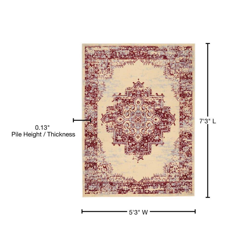 Cream and Red Medallion Synthetic 5' x 7' Area Rug